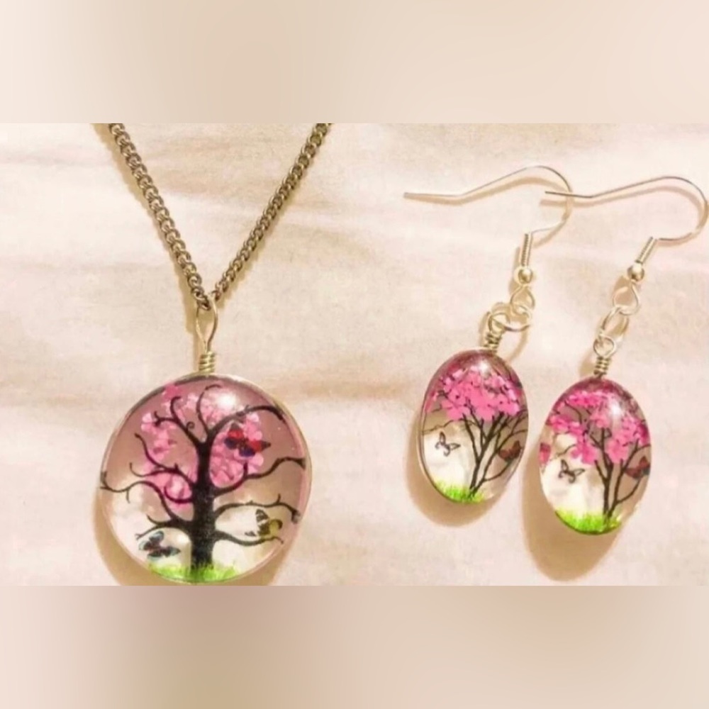 Pink Pressed Flower Glass Necklace & Earrings
